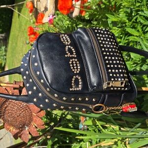bebe Black Rhinestone Studded Backpack with Rhinestone Lip Charm. EUC